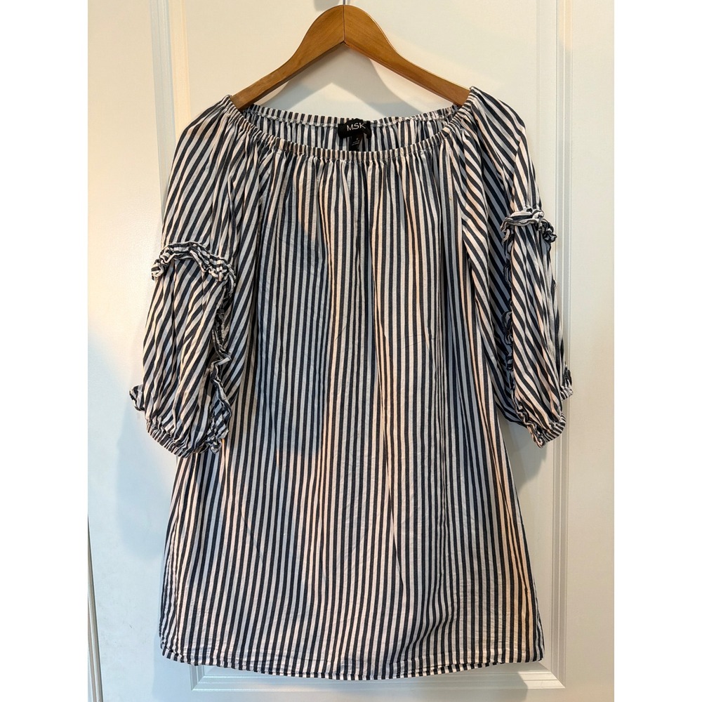 MSK Womens Navy Blue White Striped Off Shoulder Ruffle Sleeve Cotton Top S